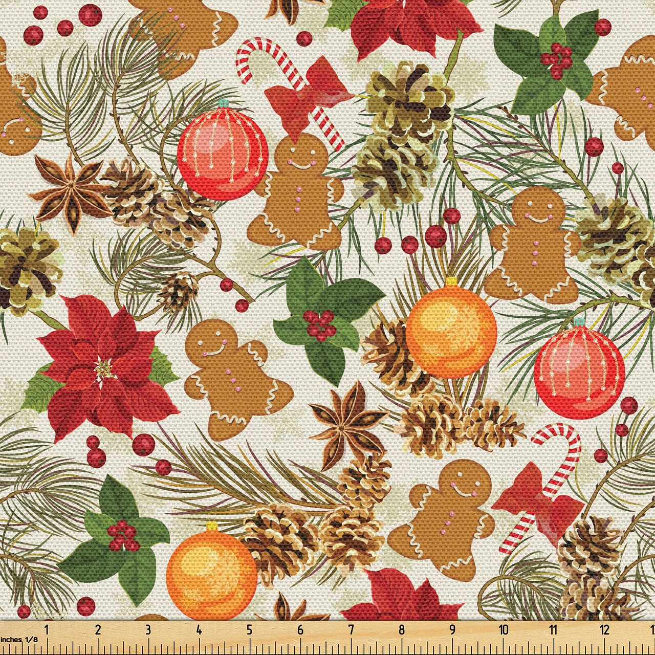 Ambesonne Christmas Fabric by The Yard, Vivid Colorful Xmas Theme Pine  Cones Branches Gingerbread Man Berry Image Print, Decorative Fabric for